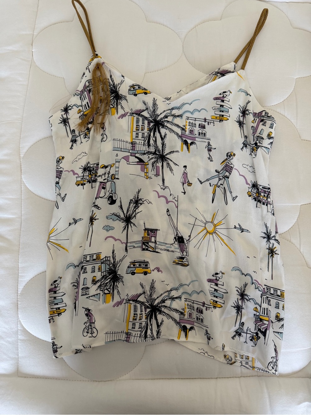 Cop.Copine White Printed Camisole with Yellow, Black & Brown Details